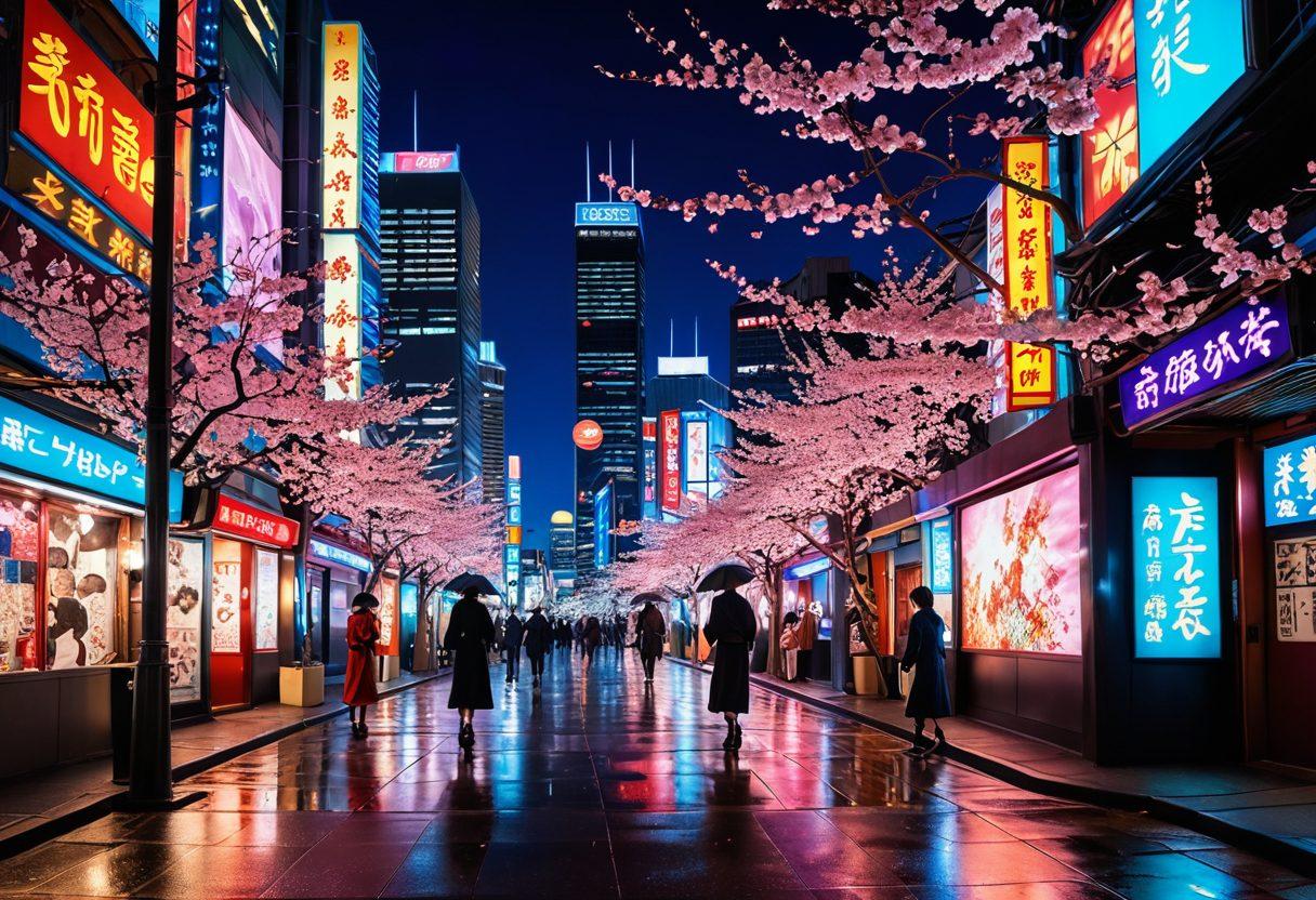 A dynamic composition illustrating the progression of sensuality in anime and manga, featuring iconic characters from different eras; include a blend of traditional and modern styles, showing contrast with ornate backgrounds. Flavors of Japanese culture, with cherry blossoms and urban elements merging together. Emphasize expressive, colorful character designs and fluid forms to convey emotion. vibrant colors. anime style. retro-futuristic.